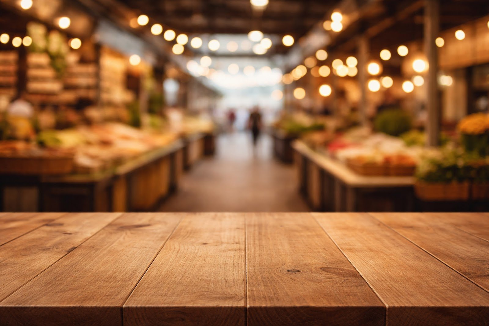 Wooden Table Mockup with Blurred Market Hall Background – Realistic Product Display PSD Download