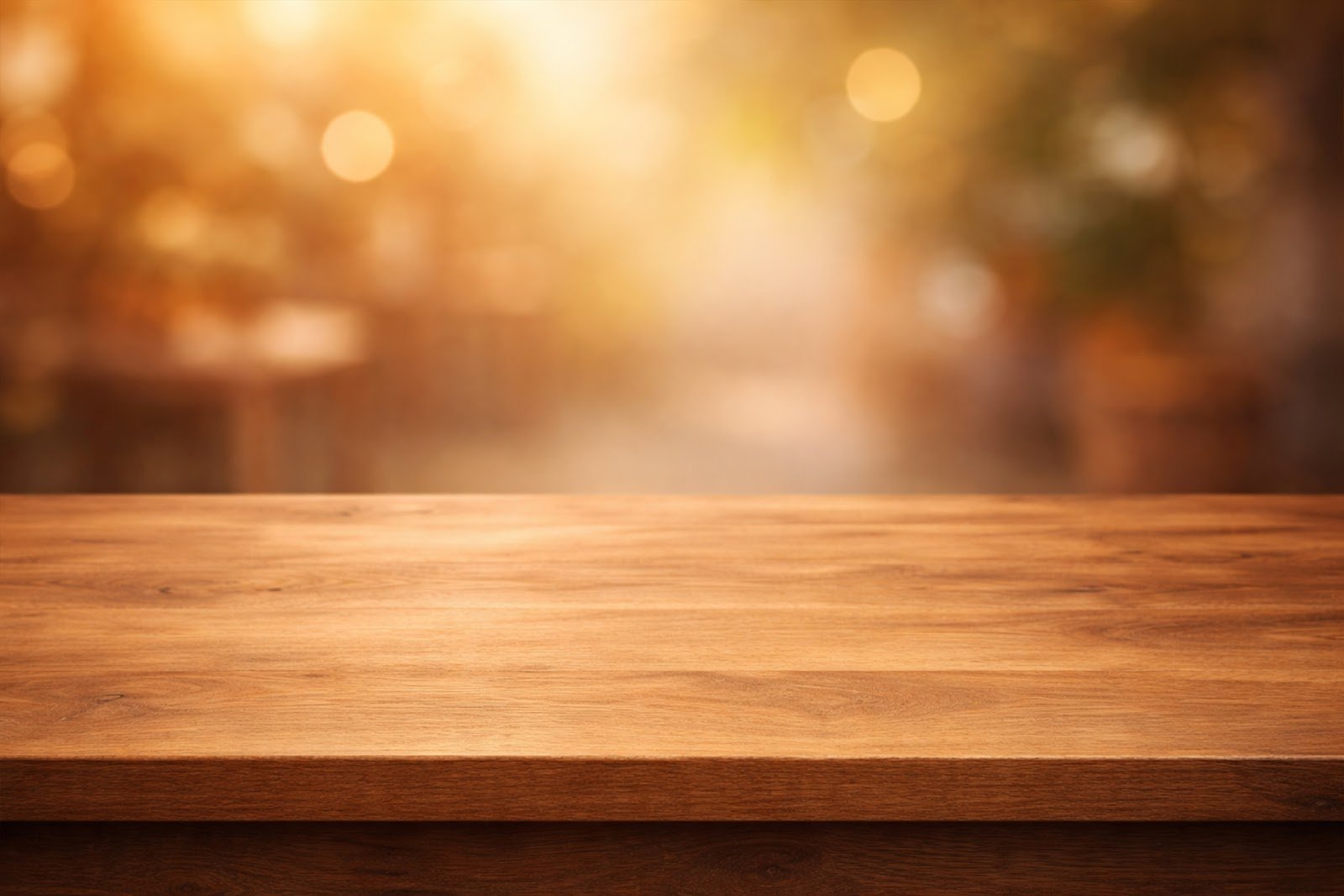 Realistic Wood Table Mockup with Warm Glow Haze Background – High Resolution Branding Template