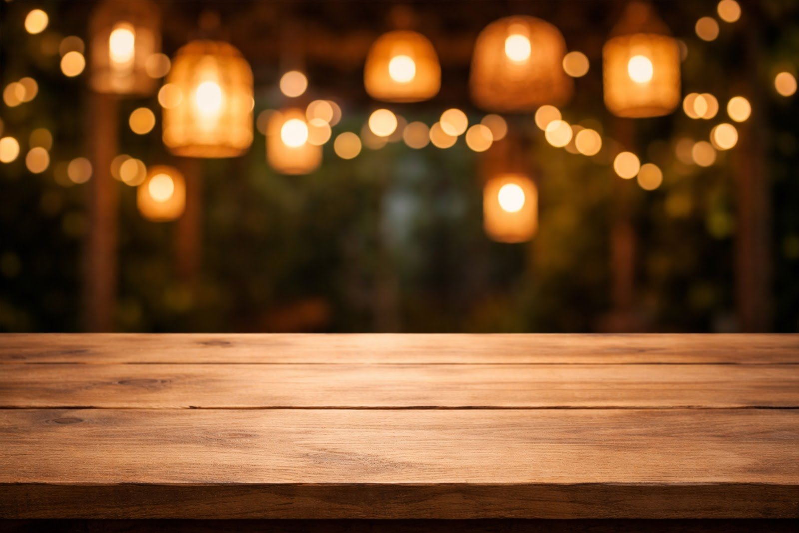 Realistic Wood Table Mockup with Hanging Lantern Bokeh Background – High Resolution Template