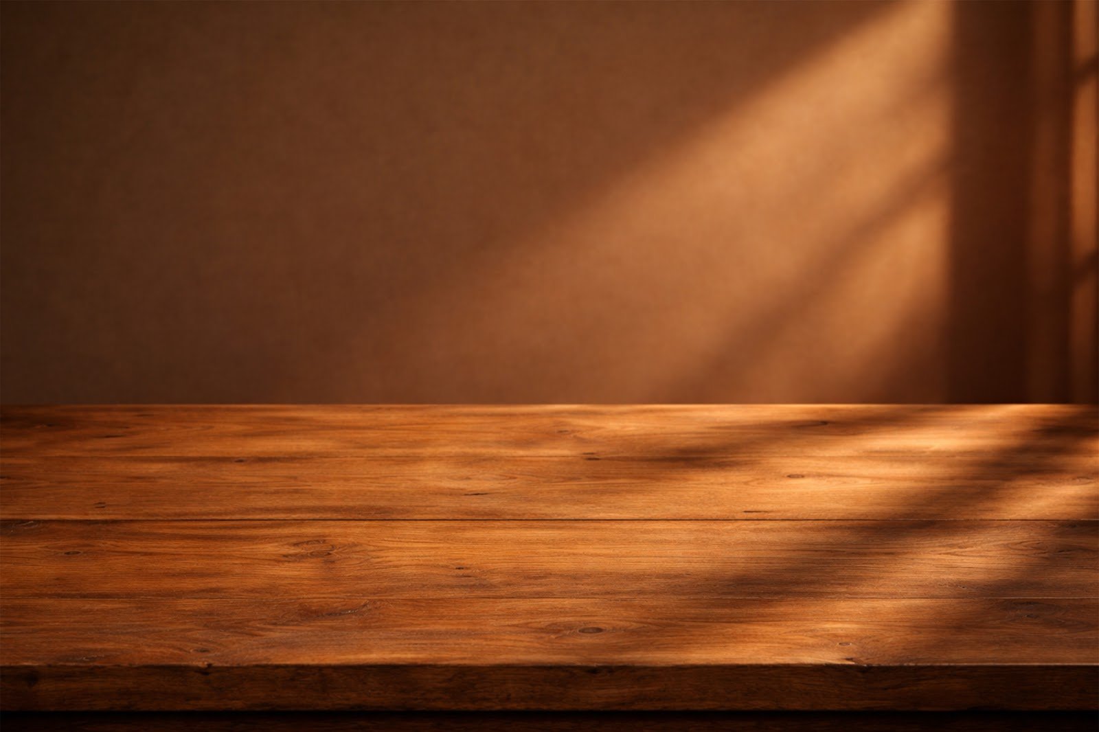 Wooden Table Mockup Background with Deep Warm Right-Side Shadows – High Resolution Download