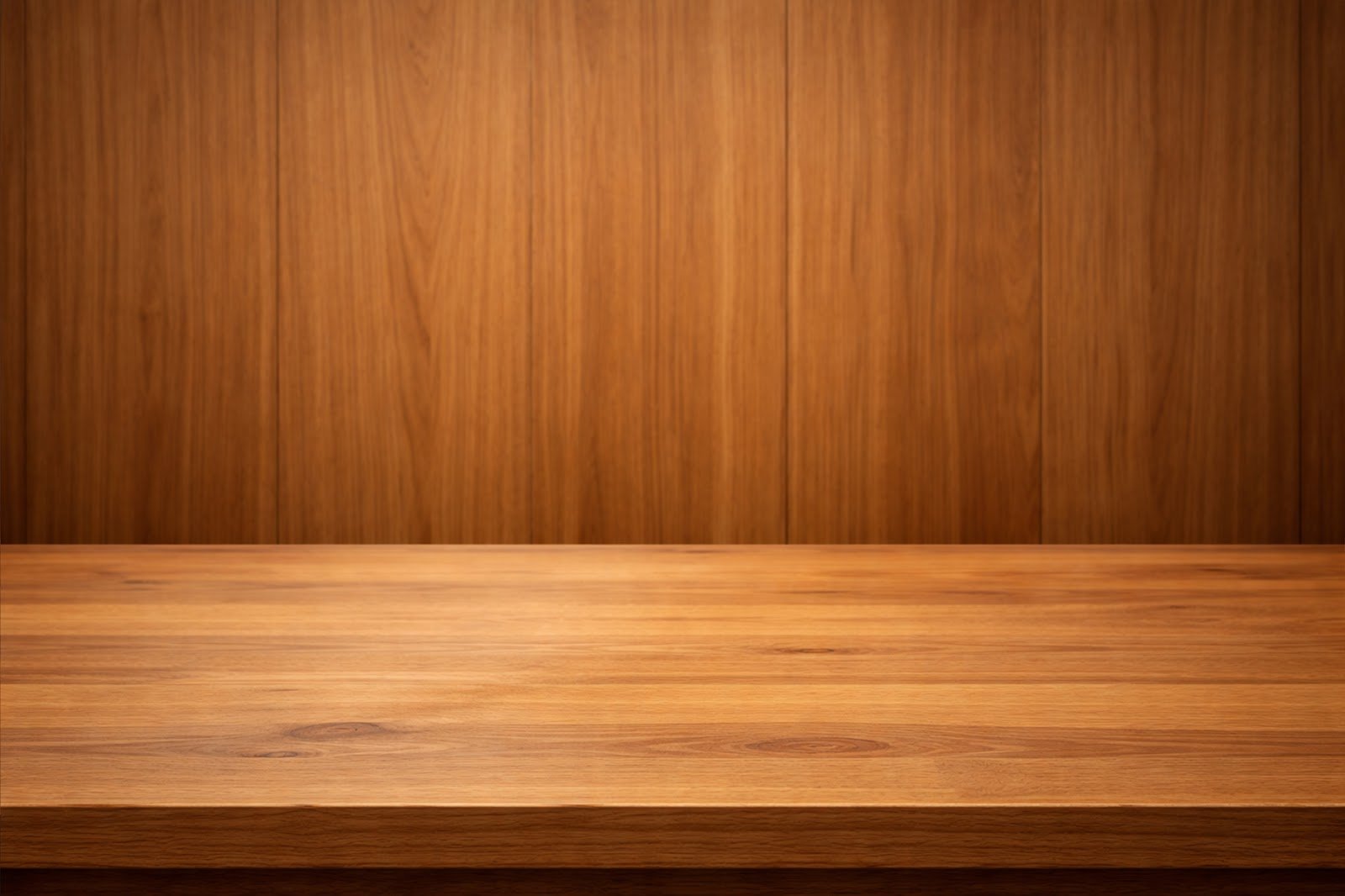 Wooden Table Mockup Background with Fine-Grain Wood Panel Wall – High Resolution Download