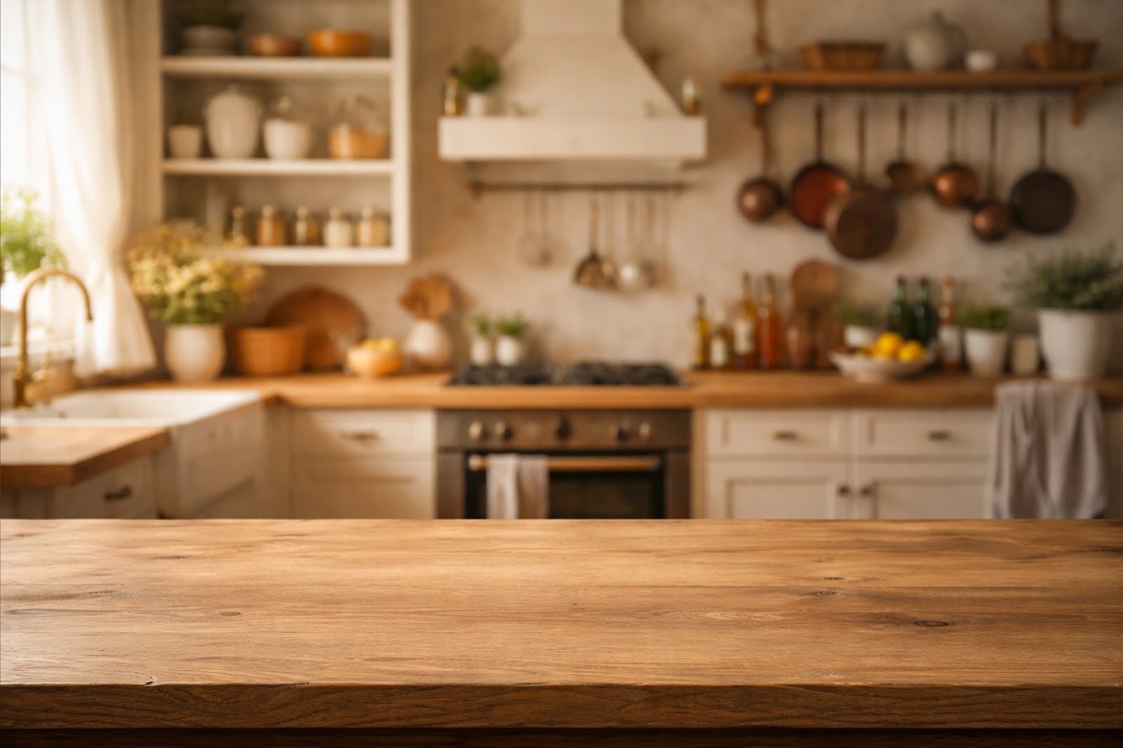 Wooden Table Mockup Background with Blurred French Country Kitchen – High Resolution Download