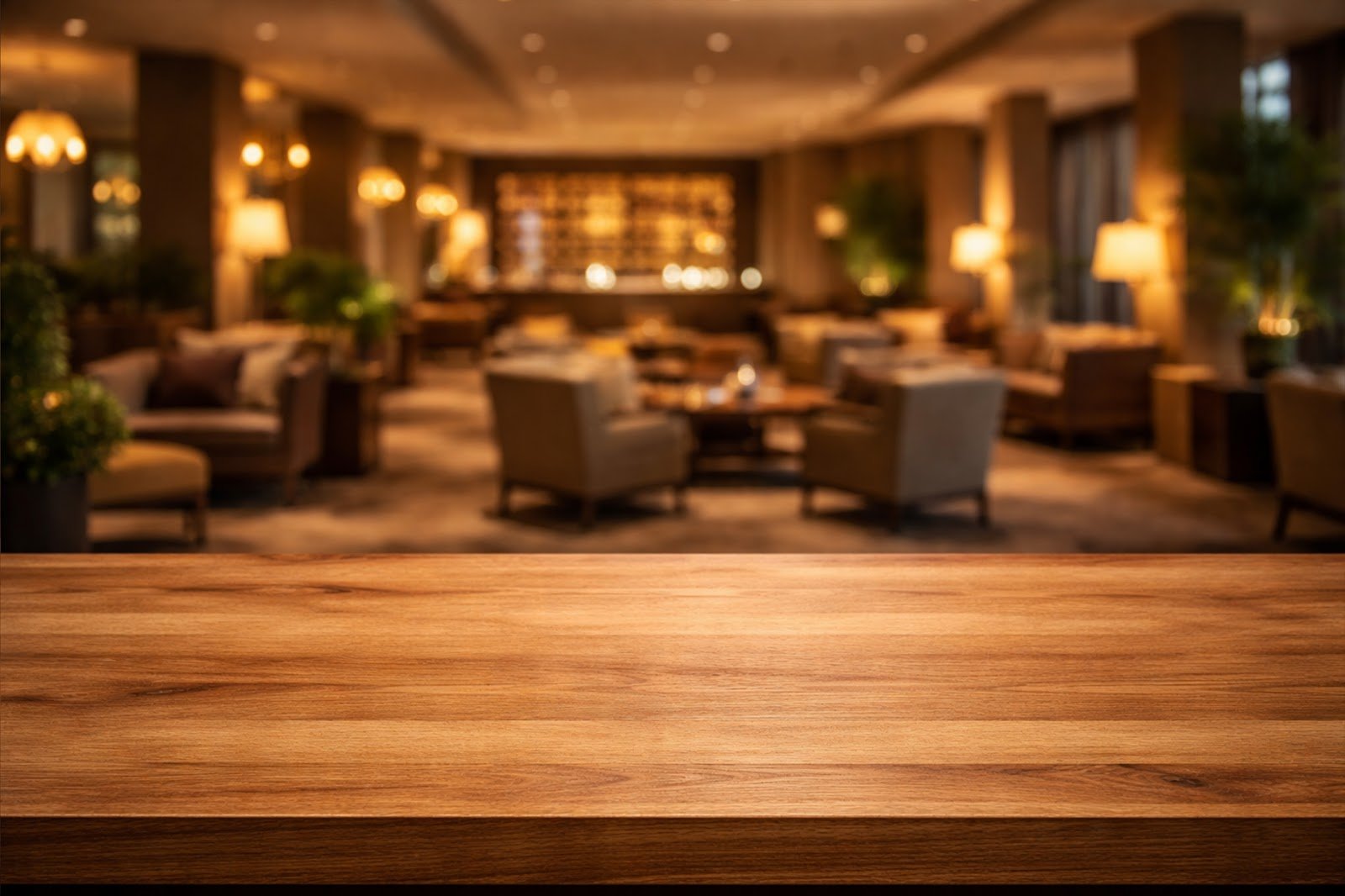 Wooden Table Mockup Background with Blurred Hotel Lounge Interior – High Resolution Download