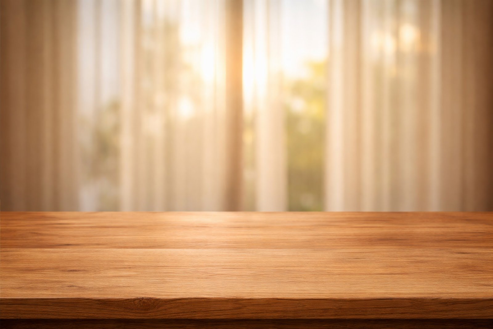 Wooden Table Mockup with Blurred Backlit Curtain – Free Download