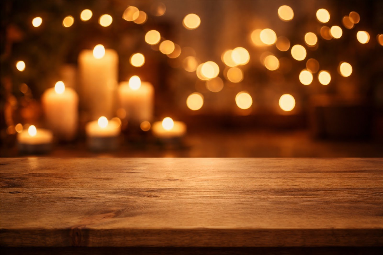 Wooden Table Mockup with Soft Candlelight Bokeh – Free Download