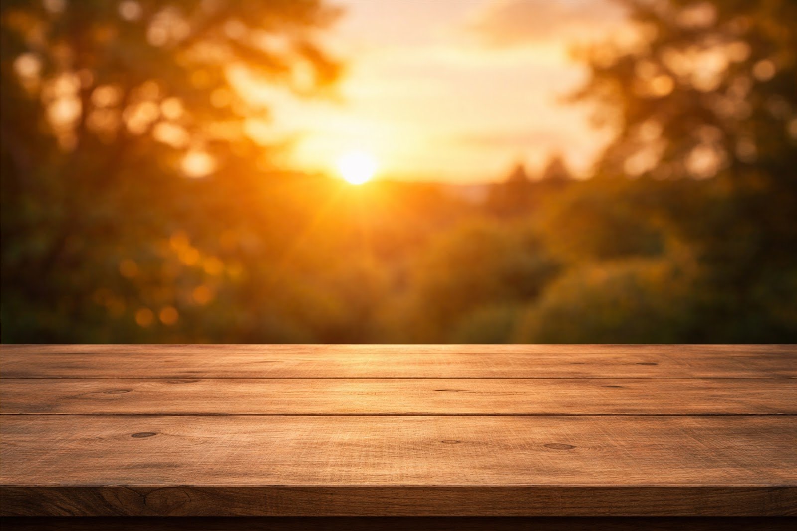 Wooden Table Mockup with Warm Sunset Glow – Free Download