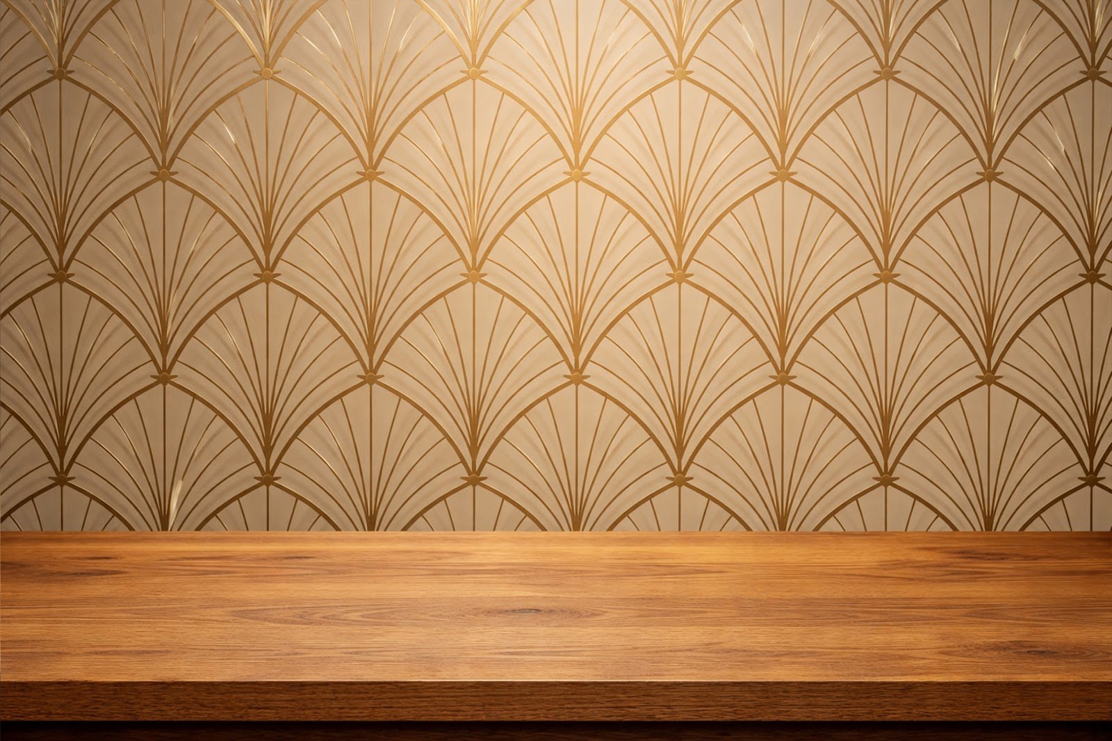 Wooden Table Mockup with Geometric Patterned Wall – Free Download