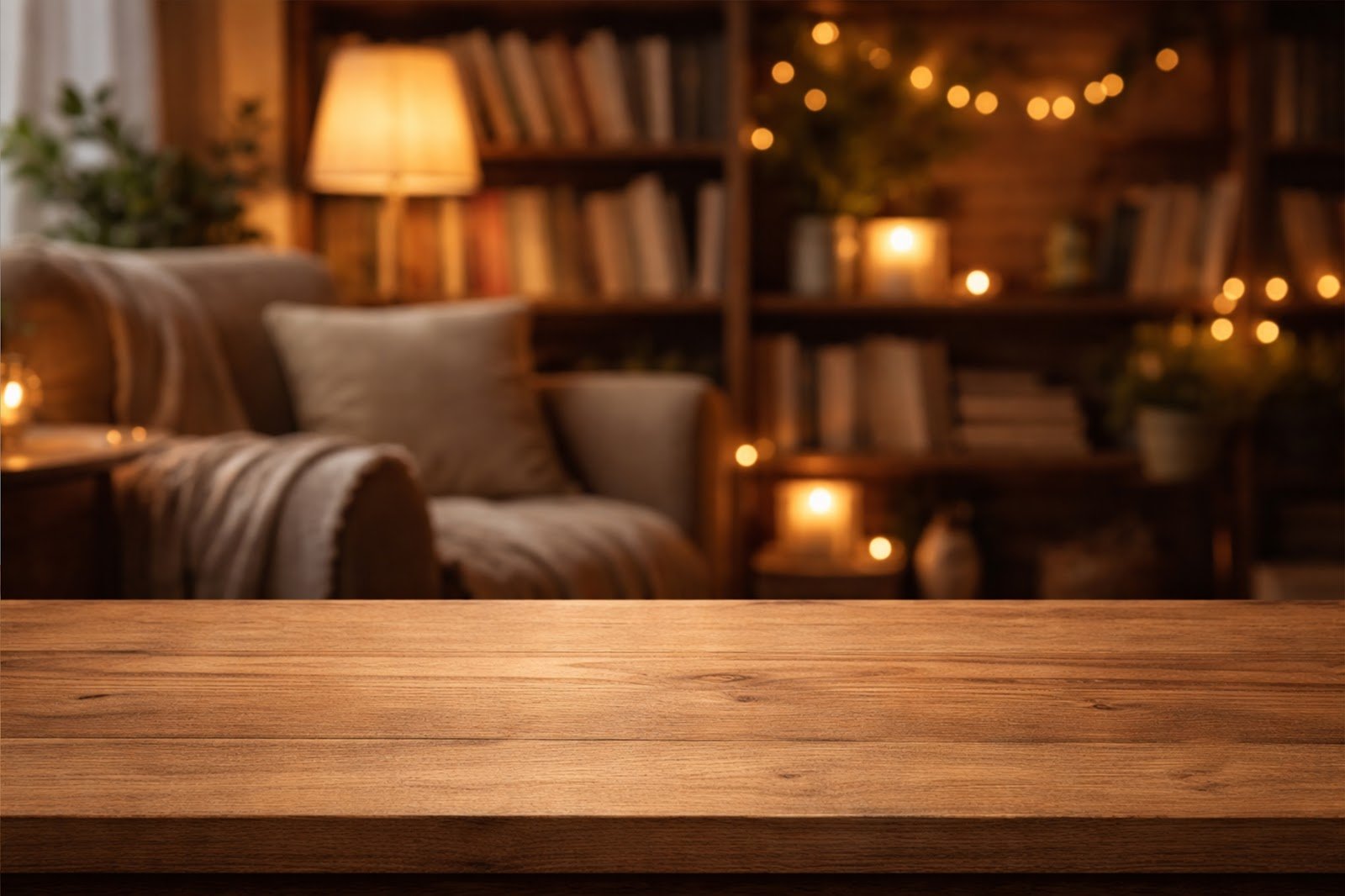 Wooden Table Mockup with Blurred Cozy Reading Nook Background – High Resolution Product Display Download