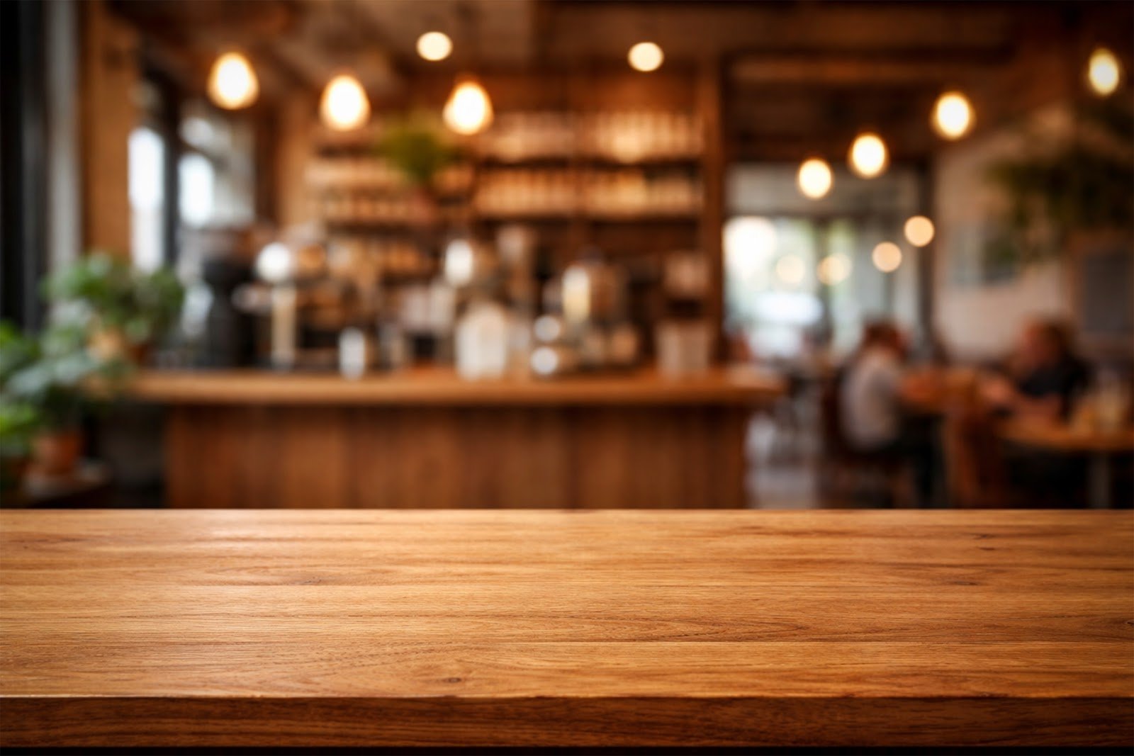 Wooden Table Mockup Background with Blurred Café Interior – Free Download