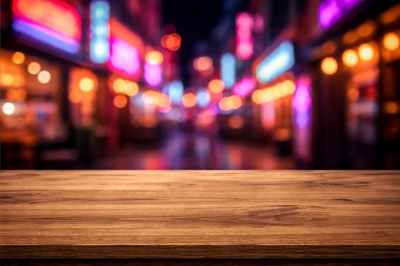 Wooden Table Mockup with Blurred Neon Signs Background – High Resolution Product Display Download