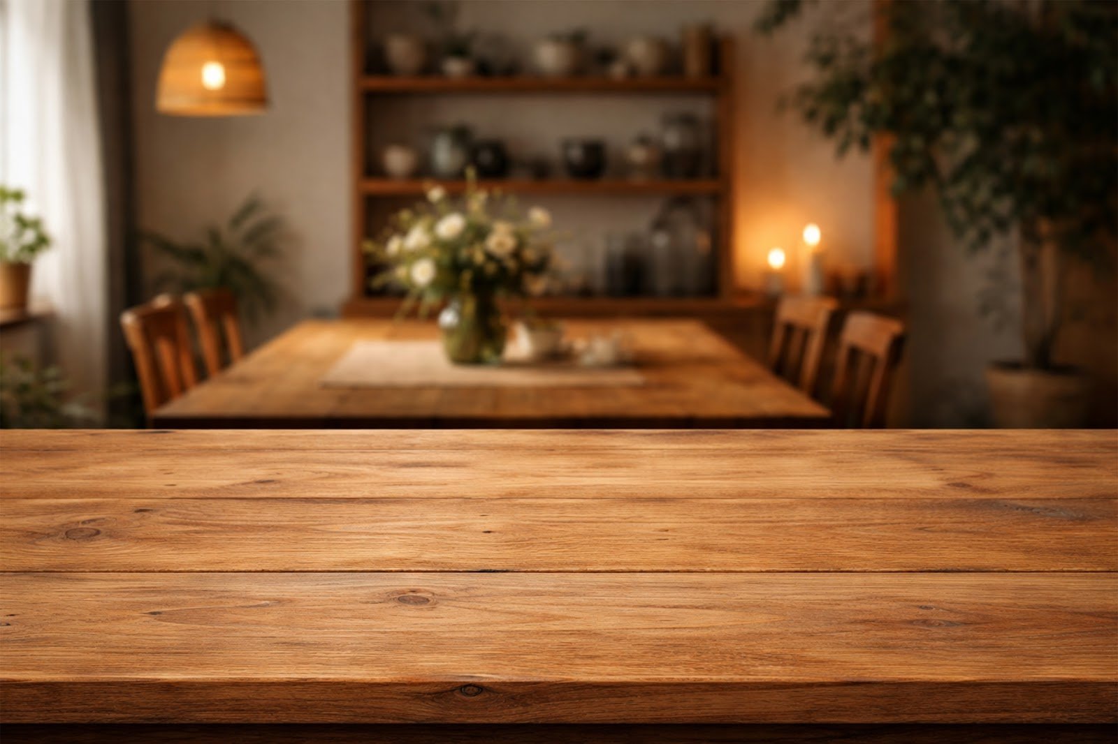 Wooden Table Mockup in Softly Lit Rustic Dining Room – High Resolution Product Display Background Download