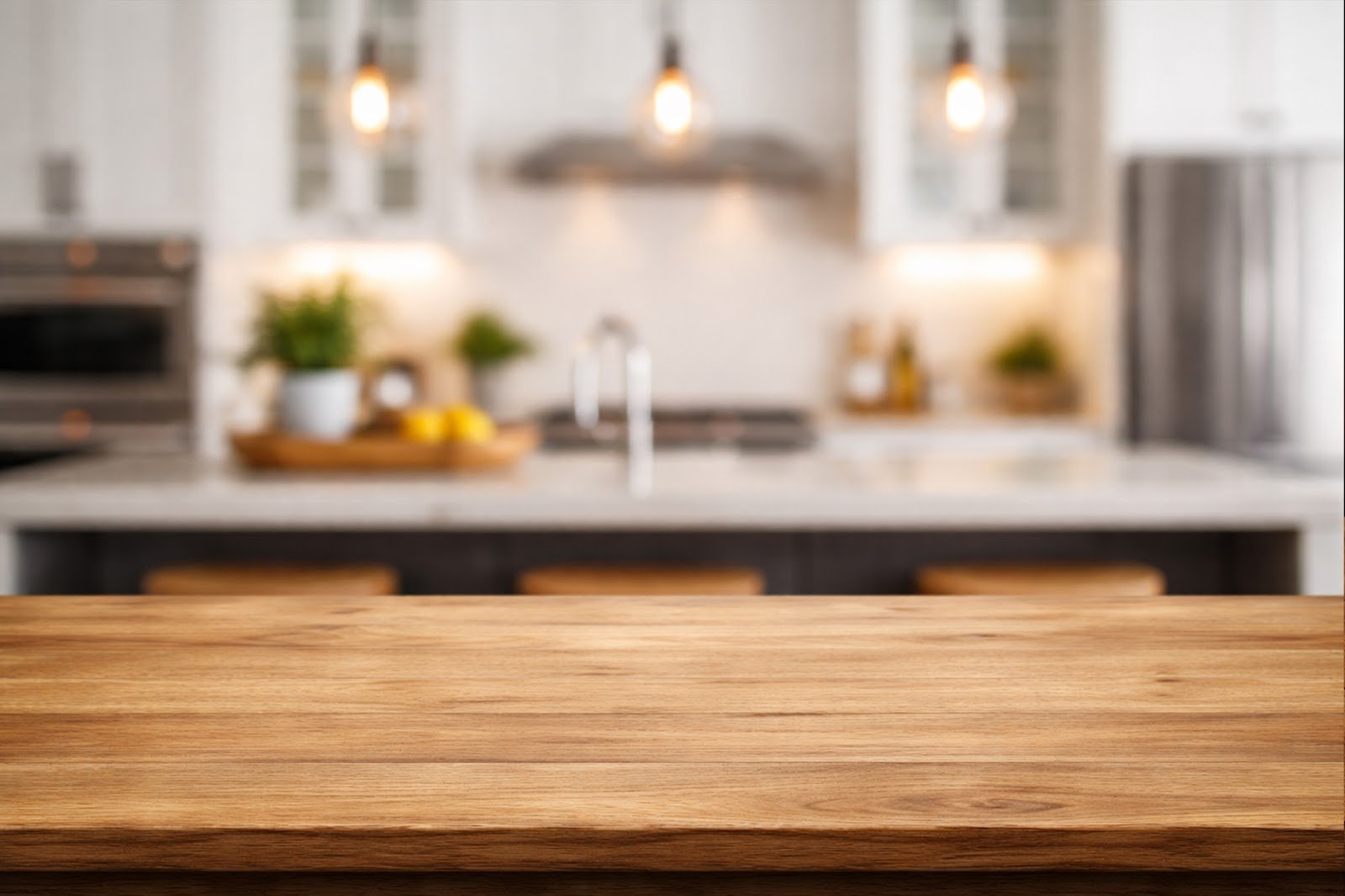 Wooden Table Mockup with Blurred Kitchen Island Background – High Resolution Product Display Download