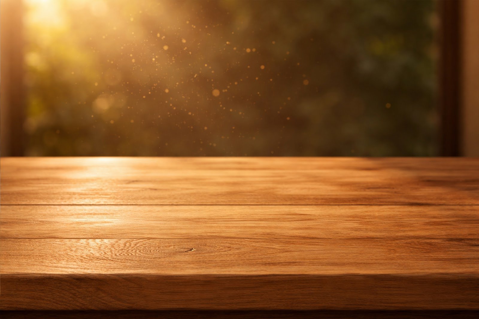 Wooden Table Mockup with Faint Dust Particles Glowing in Sunlight – High Resolution Product Display Download
