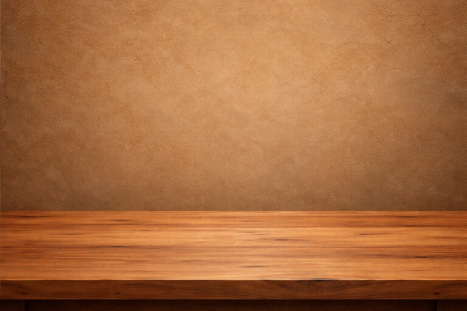 Wooden Table Mockup with Earth-Tone Clay Textured Wall – High Resolution Product Display Download