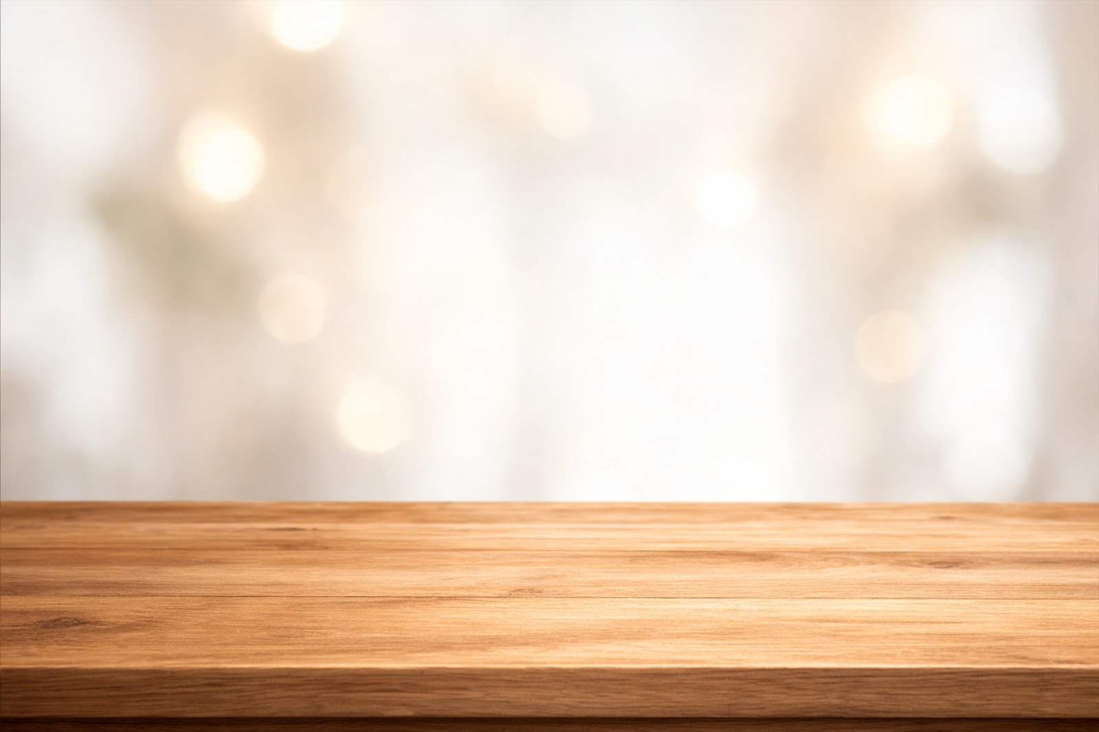 Wooden Table Mockup Background with Soft White Bokeh – Elegant Product Display Scene (High Resolution Download)