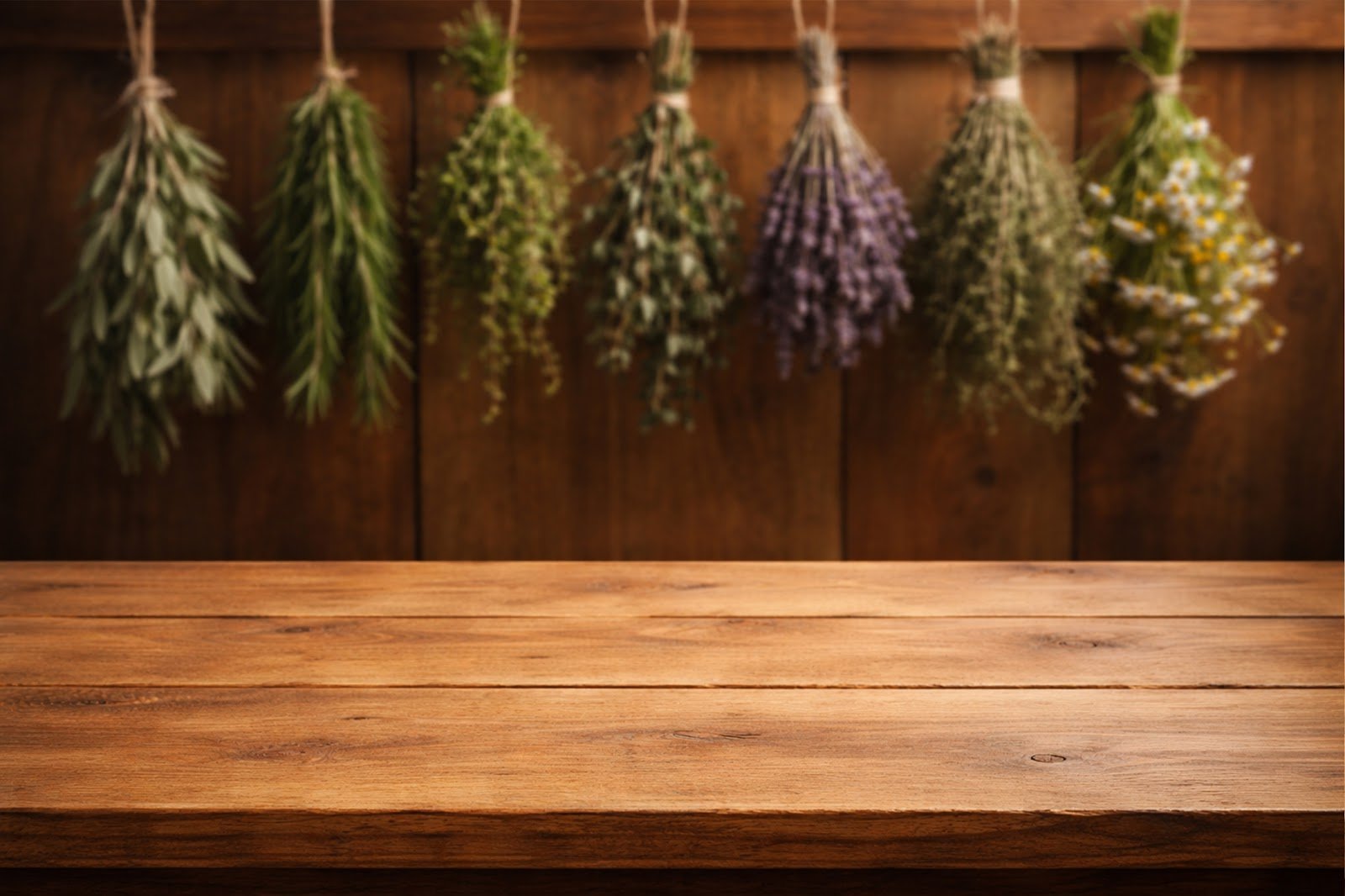 Wooden Table Mockup Background with Blurred Hanging Dried Herbs – Rustic Product Display Scene (High Resolution Download)
