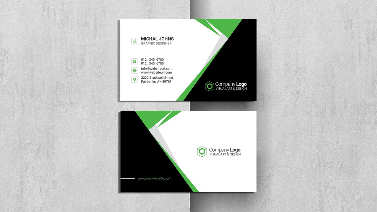 Black white business card with green details