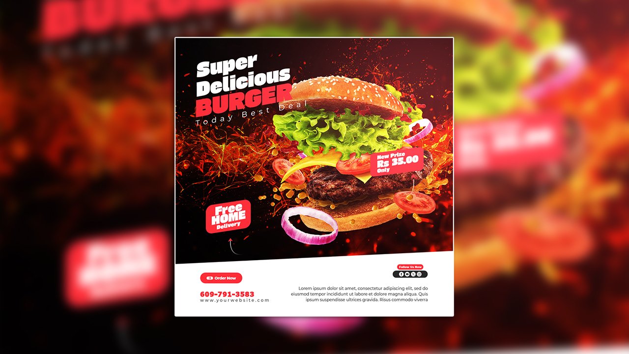 Delicious burger food menu social media banner Instagram post template