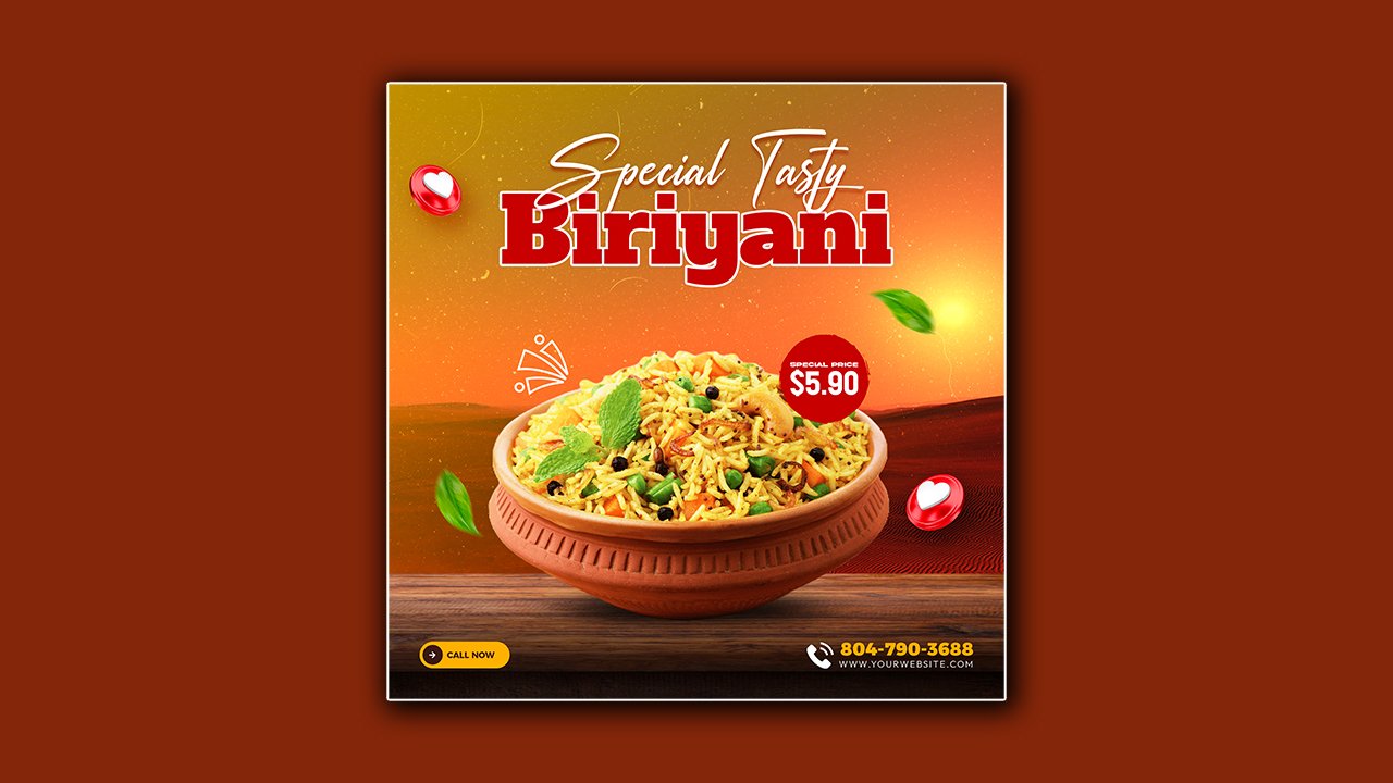 Tasty Biriyani food promotion poster template design - PSD File Free Download