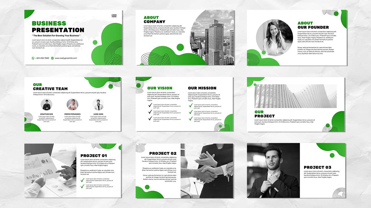 Green Business Presentation Slide Template Design Set