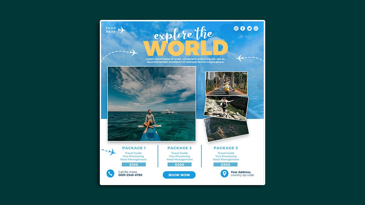 Explore world travel agency social media poster template - PSD File Free Download