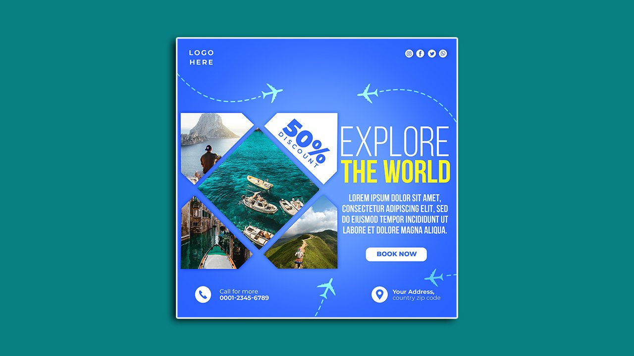 Explore world travel social media poster design template - PSD File Free Download