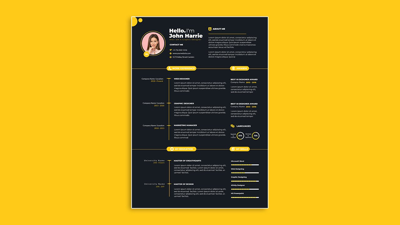 Black Yellow Clean modern resume portfolio cv template – PSD File Free Download