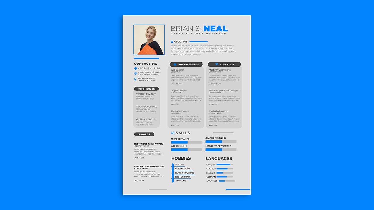 White Blue Clean modern resume portfolio cv template – PSD File Free Download