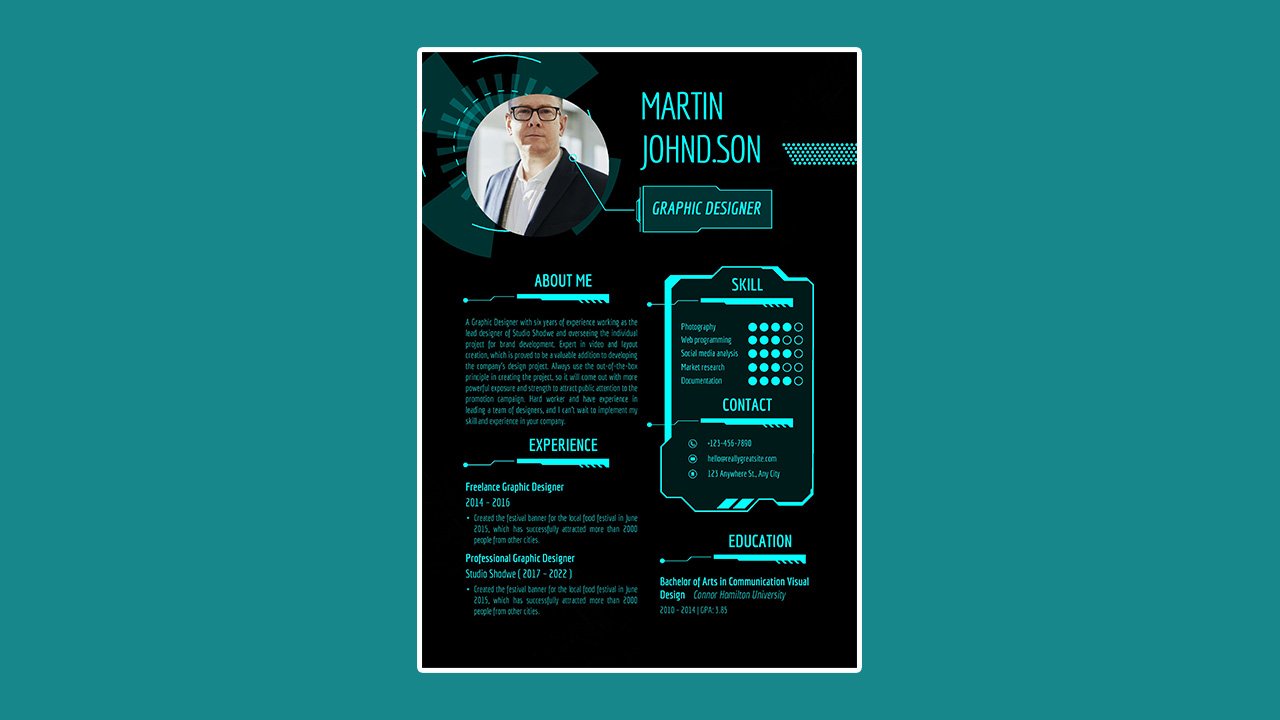 Black Blue Neon Creative Graphic Designer Resume – CV Templates Free Download