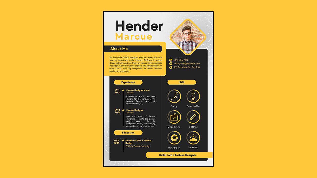 Black Yellow Modern Fashion Designer Resume – CV Templates Free Download