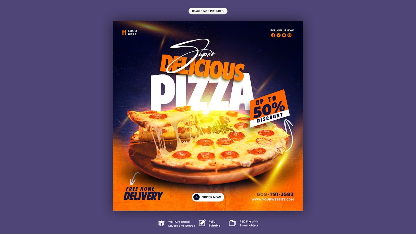 Food menu delicious pizza social media poster Instagram post template – PSD Free Download