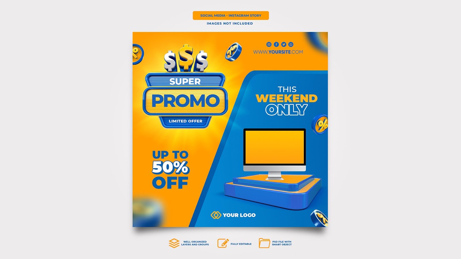 Post social media super promo 3d render template design sale podium 3d render - PSD Free Download
