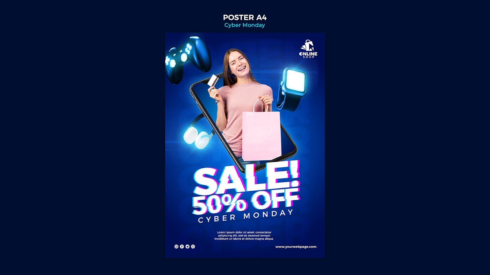 Vertical Poster Template cyber Monday with woman items – PSD Free Download
