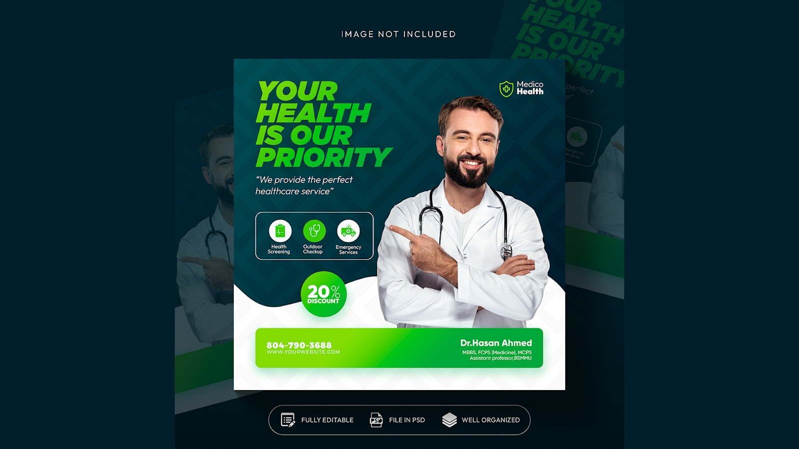 Healthcare prevention banner square flyer with doctor theme social media post template – PSD Free Download