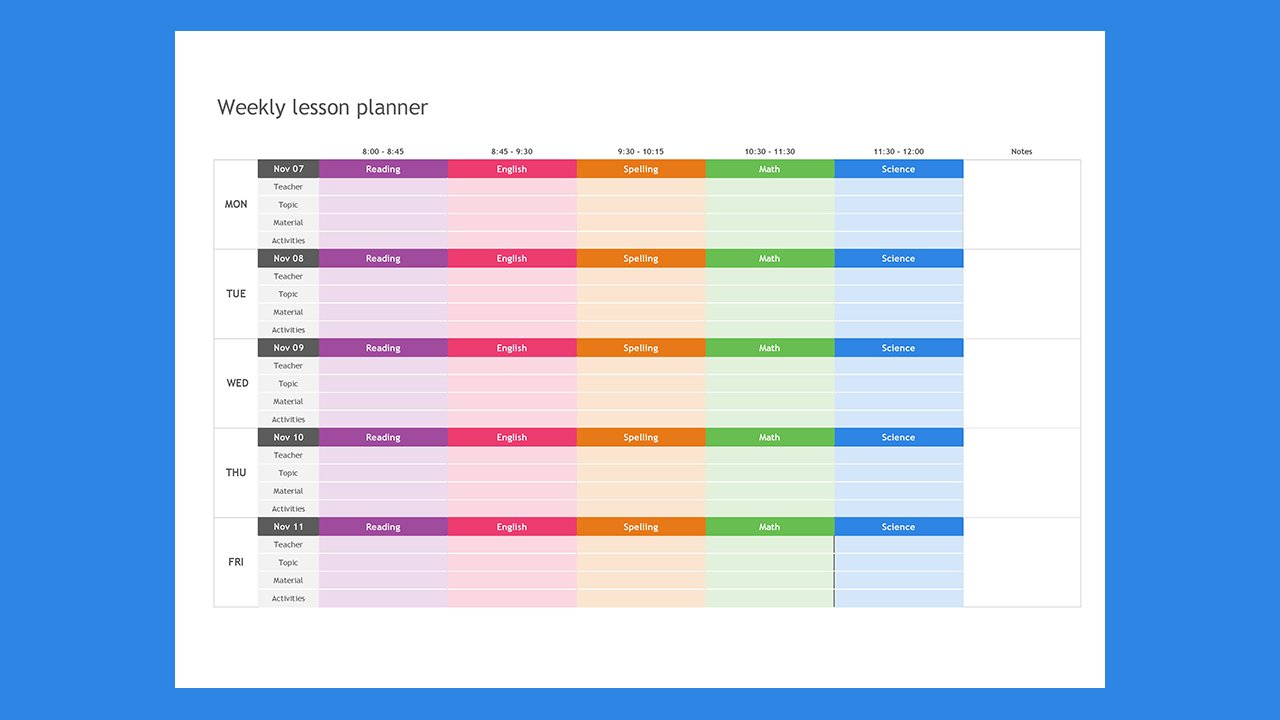 Weekly lesson planner – Excel Templates Free Download