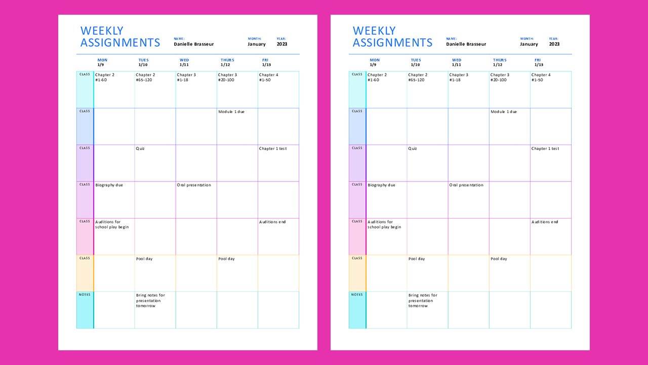 Free Weekly assignment sheet color Concept Word document templates – Microsoft Word Templates Free Download