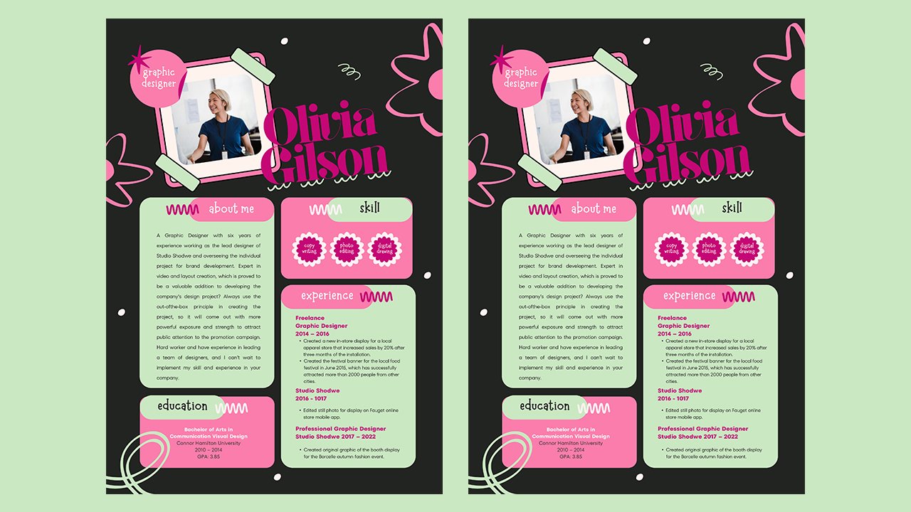 Pink Green Creative Graphic Design Resume - CV Templates Free Download