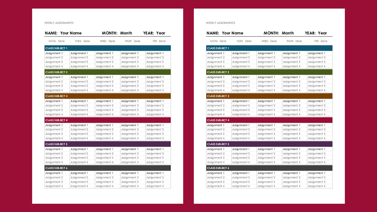 Free Weekly assignment calendar Concept Word document templates – Microsoft Word Templates Free Download