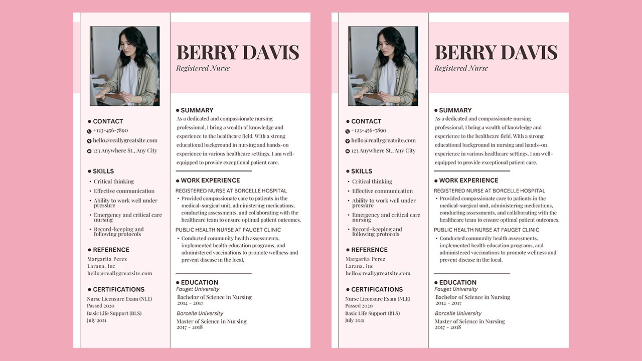 Pink Simple Modern Photo Nursing Resume - CV Templates Free Download
