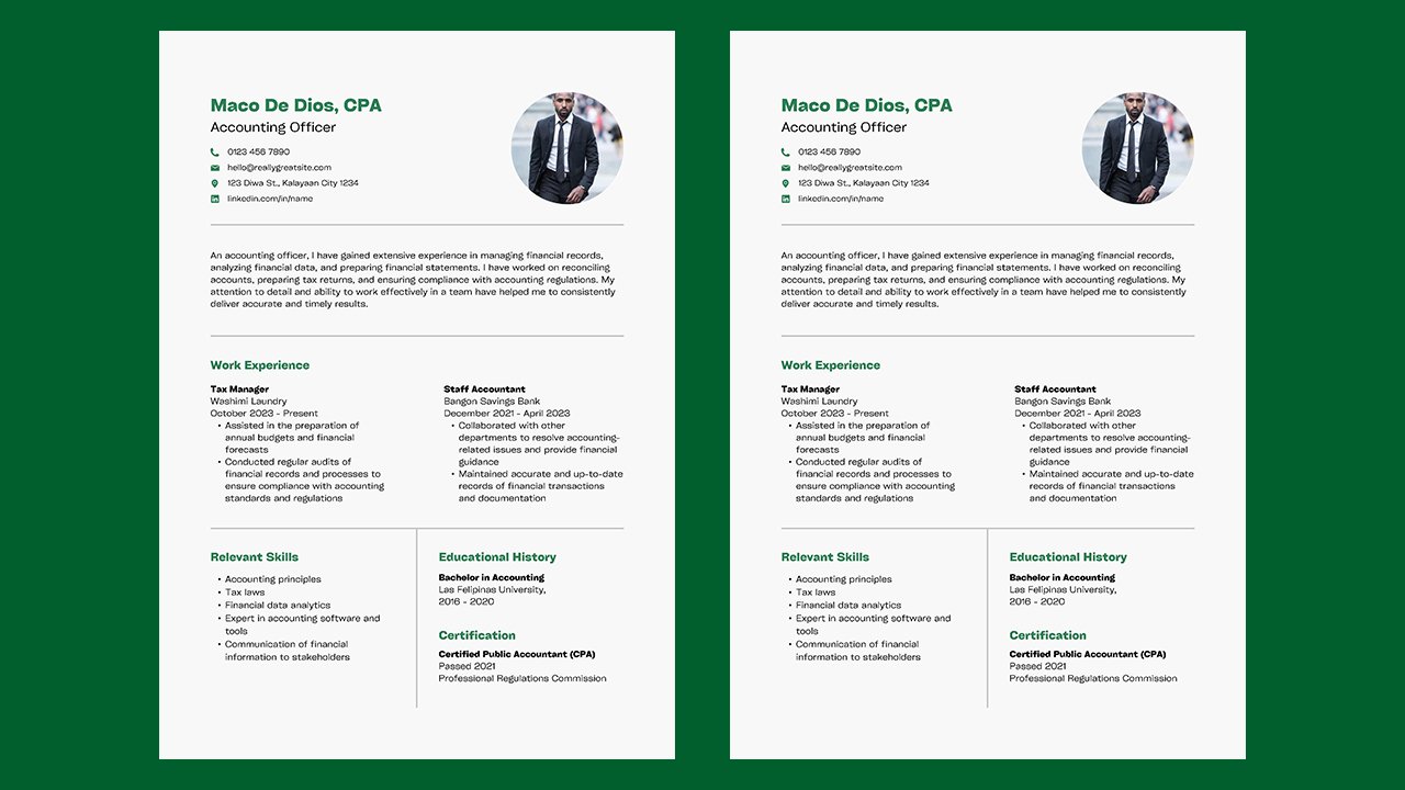 Accounting Resume in White Green Black Simple Lined Style – CV Templates Free Download