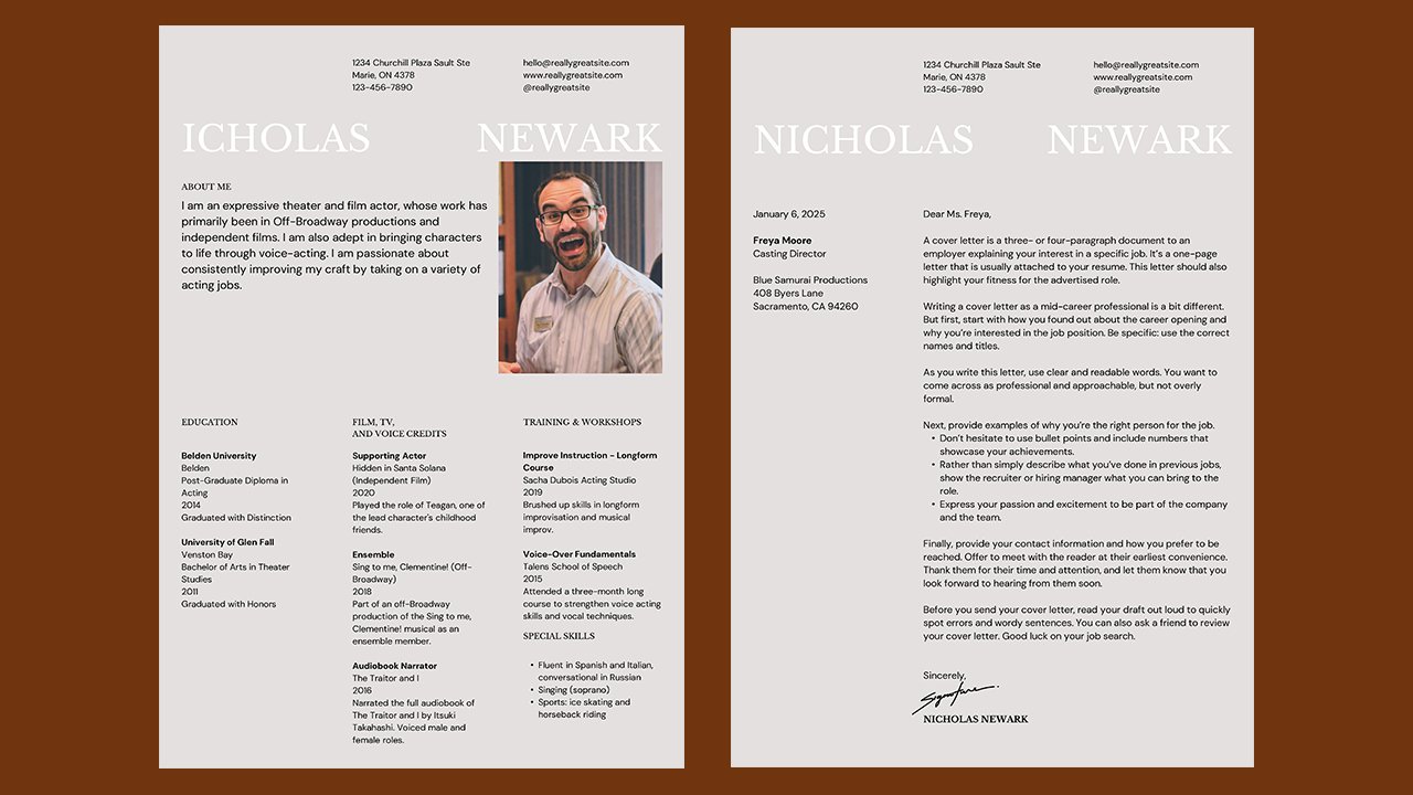 Grey and White Modern Actor Resume – CV Templates Free Download