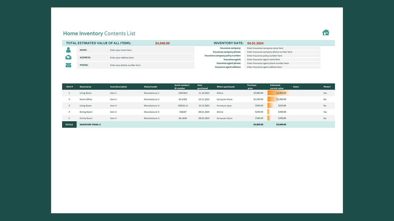 Home inventory – Excel Templates Free Download