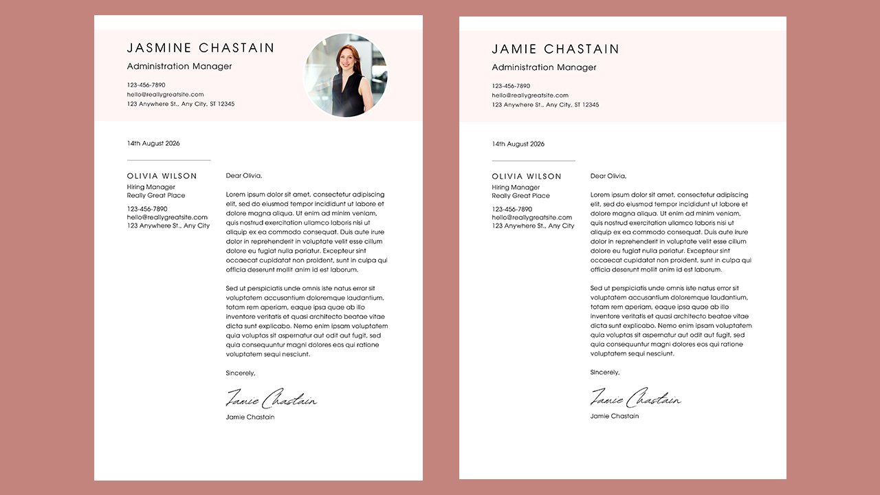 Pink Black and White Simple Minimalist Photo Cover Letter - CV Templates Free Download