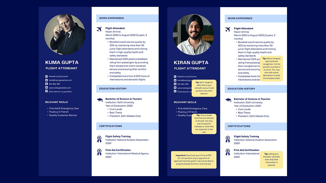 Flight Attendant CV in Dark Blue Light Blue White Colour Blocks Style - CV Templates Free Download